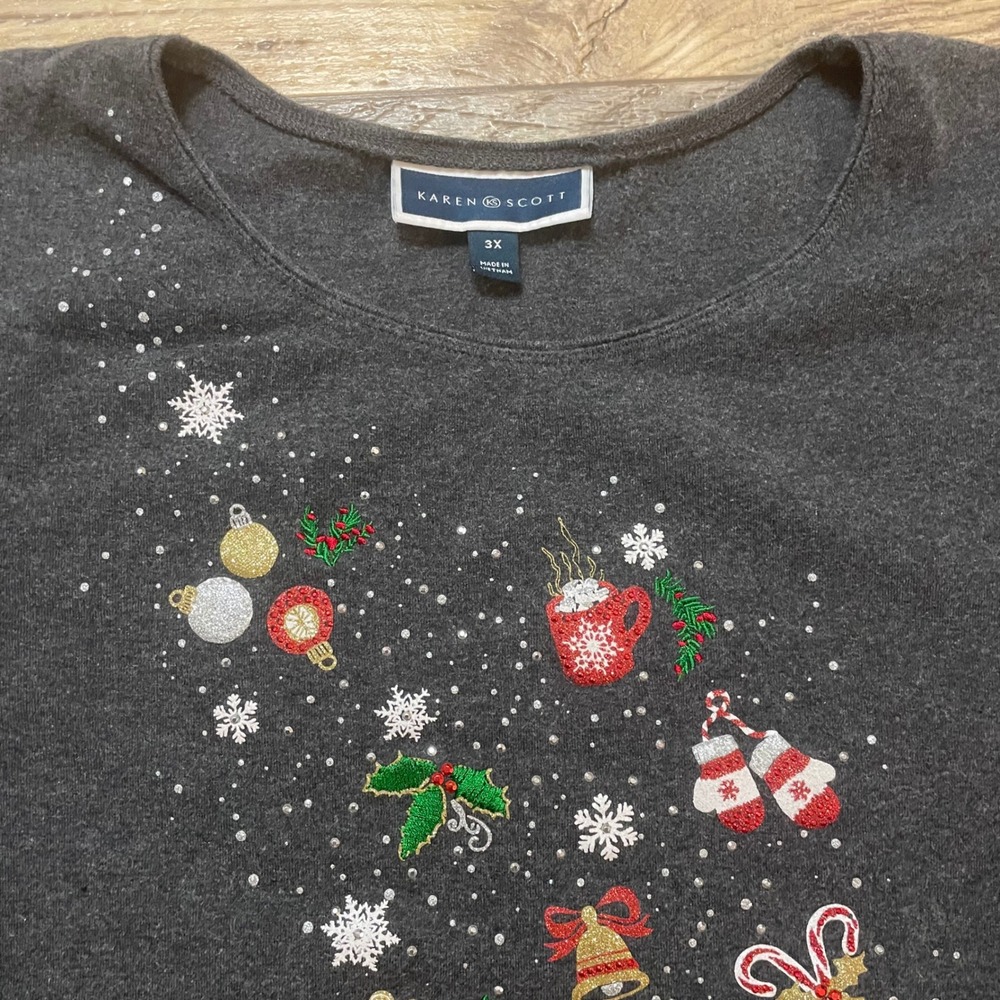 Karen Scott Womens Plus Size 3X Dark Gray Xmas Tree Embellished Long Sleeve Top